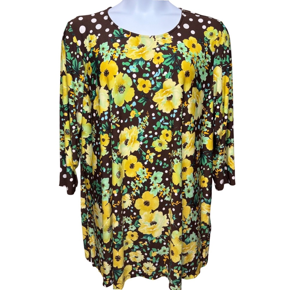 SUSAN GRAVER Womens Brown Floral Polka Dot Tunic 3X Cottagecore Retro Casual